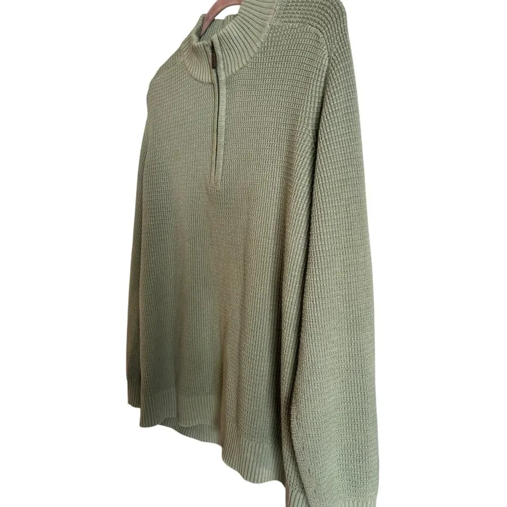 VTG L.L.Bean Men’s Quarter Zip Cotton Sweater Waffle Texture Large Green
